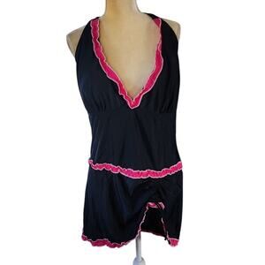 Black Hot Pink Trim Halter Swim Dress Top Swimsuit Cover up Plus Size 5X